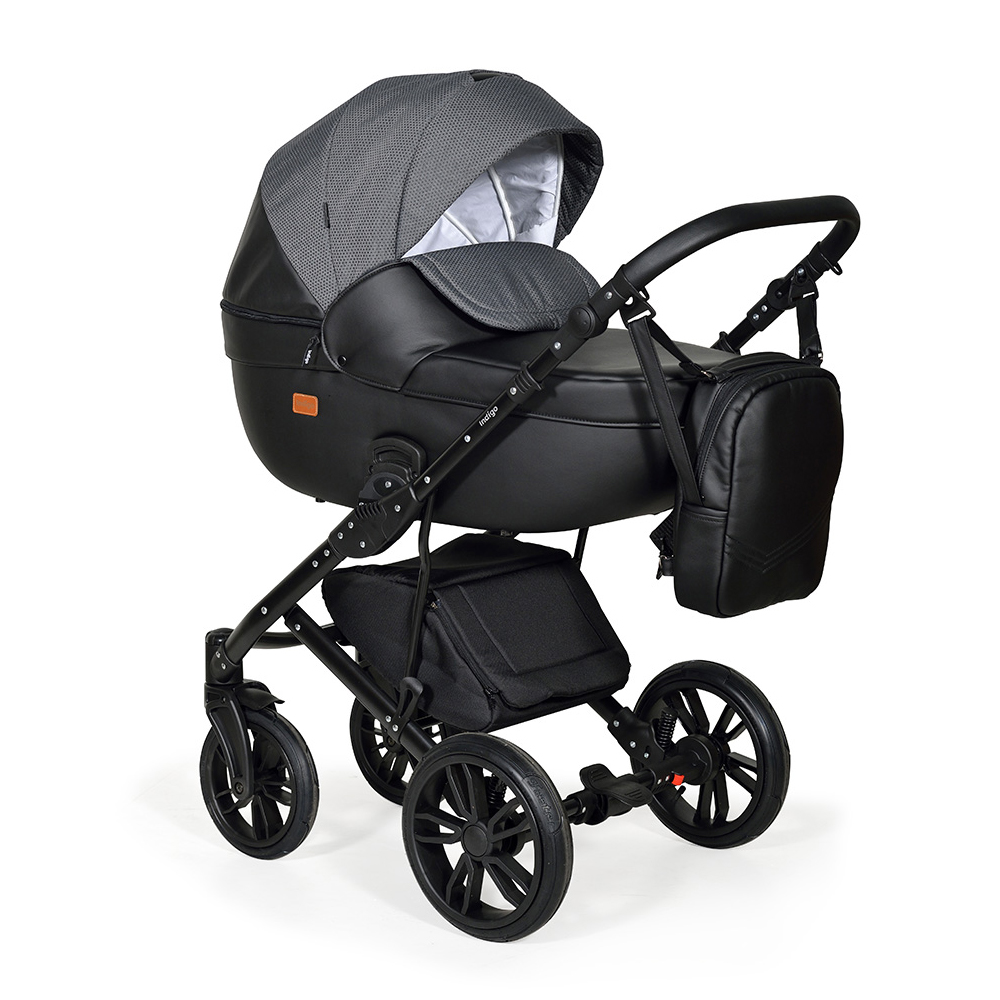 Коляска 2 в 1 Indigo MIO - Mi 07 (черная кожа+черный узор)