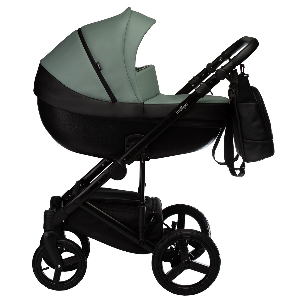 Коляска 2 в 1 Indigo Tour Eco, Te 03 (Черная кожа + Шалфей кожа)