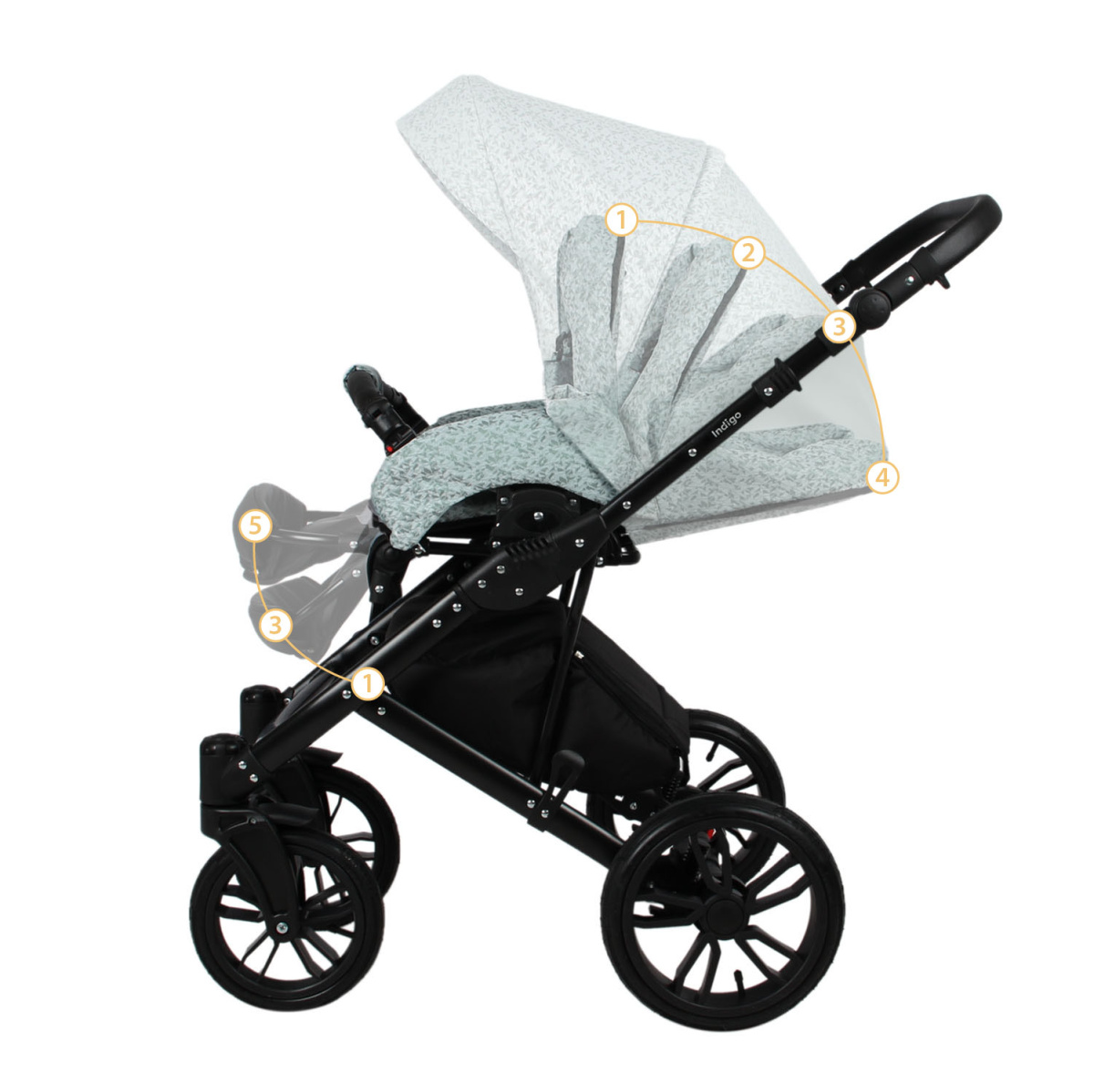 Коляска 2 в 1 Indigo MIO - Mi 06 (шалфей кожа+зеленый узор)