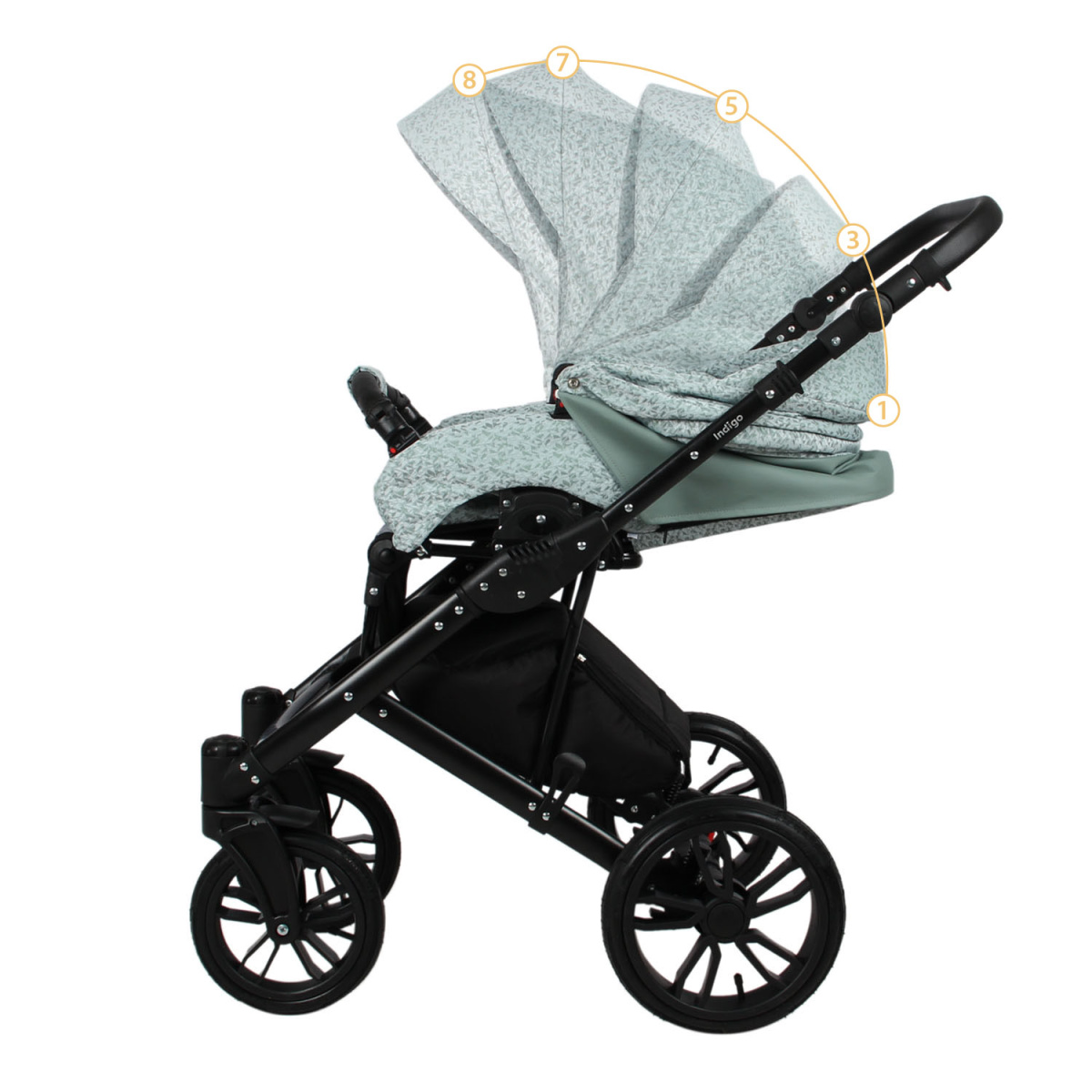 Коляска 2 в 1 Indigo MIO - Mi 06 (шалфей кожа+зеленый узор)
